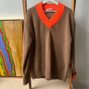 TIBI Unique V-Neck Sweater Staple - Neon Orange & Brown